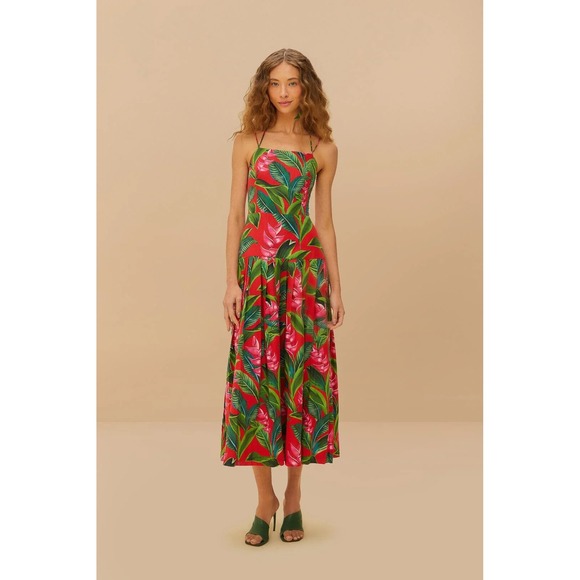 FARM Rio Tropical Maxi Dress Red Green Pink Floral Tie Back Spaghetti Strap